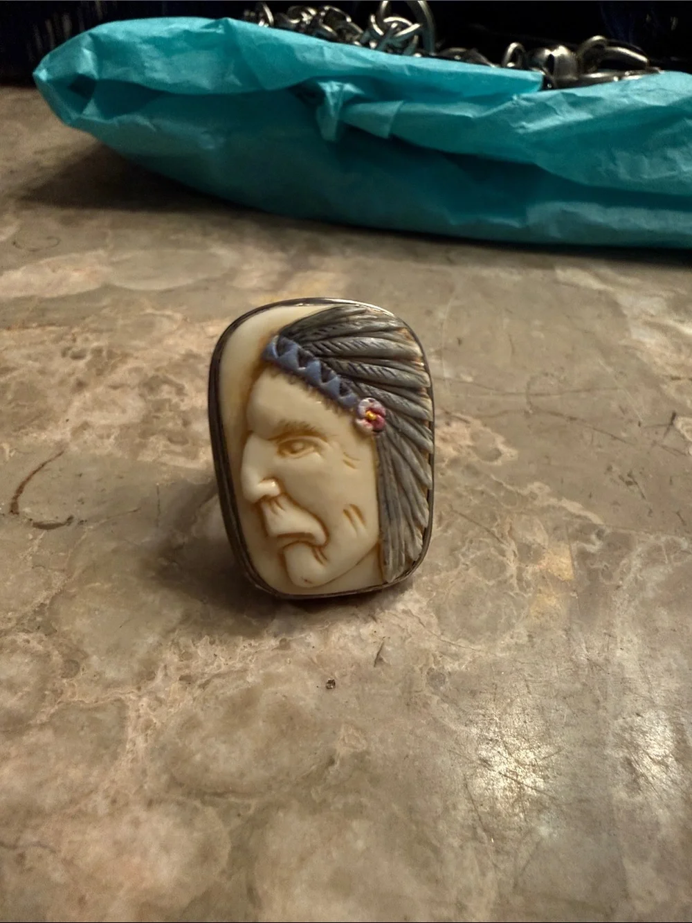 Vintage nut stone carved native American profile ring .925 size large 9